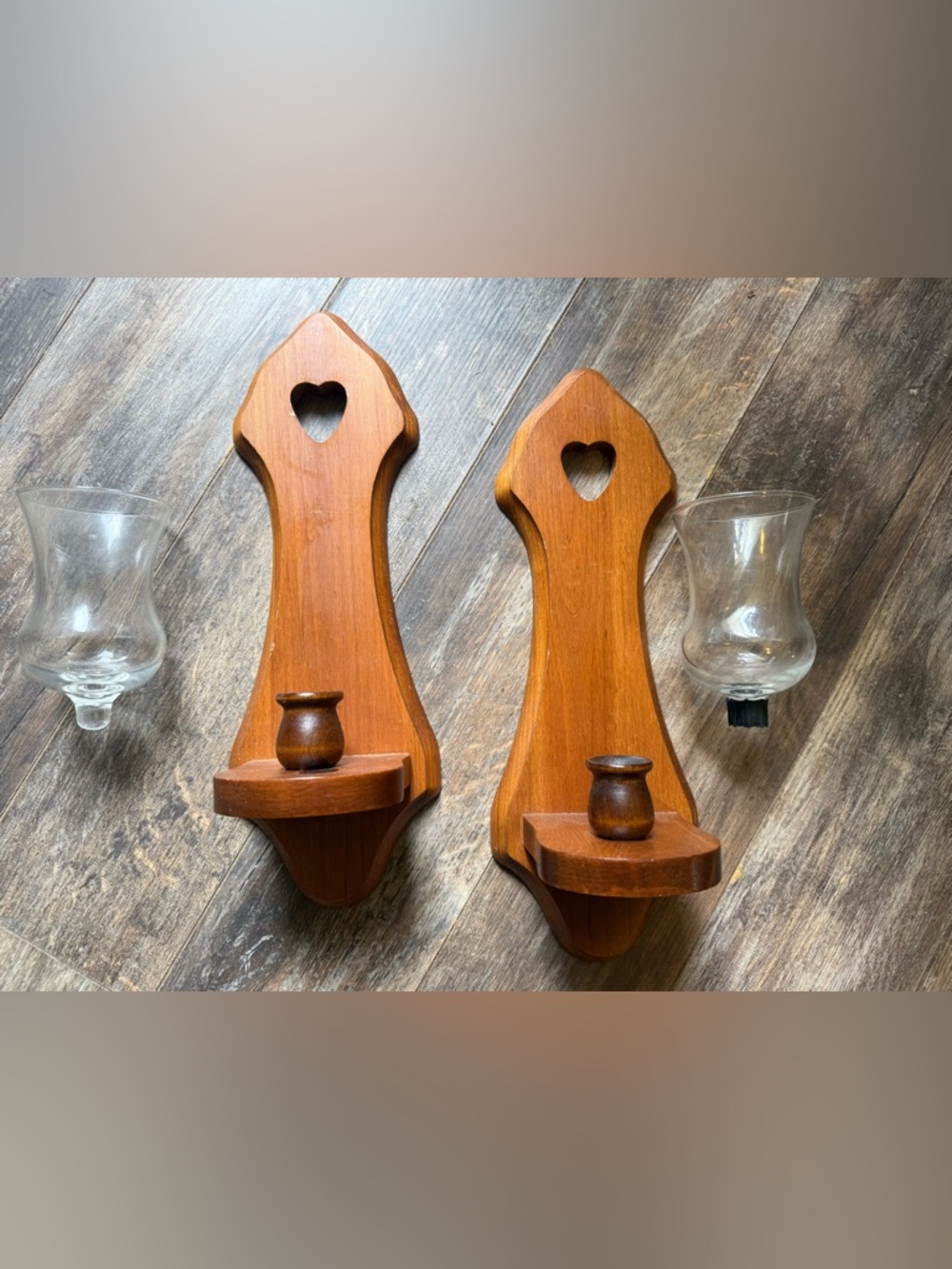 Pair of Vintage Wooden Heart Wall Sconces - Warm Brown